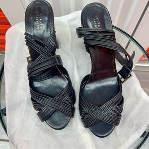 NEW Urban Outfitters Peep Toe Strappy Black Leather Heels